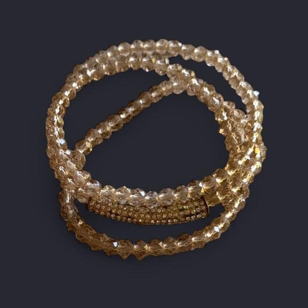 Gold Colored Clear Beads Wrap Bracelet with Rhinestone Gold Colored Long Charm - Picture 2 of 4